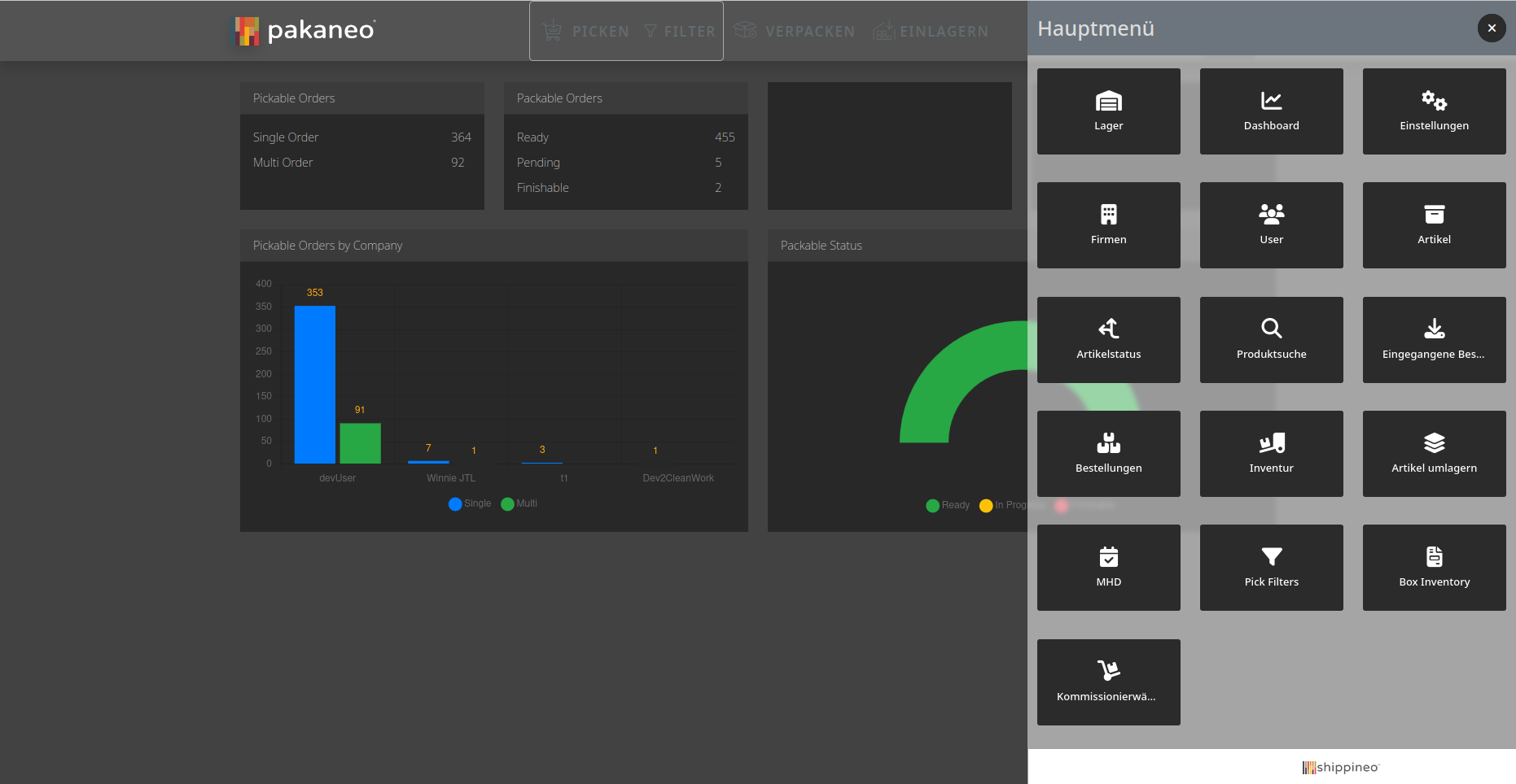 pakaneo Hauptmenü mit Zugriff auf Lager, Dashboard, Bestellungen und weitere Module